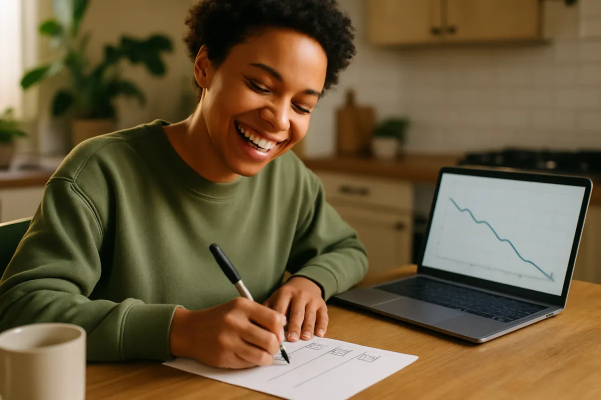 A person crossing an item off a checklist beside a laptop showing a downward trend