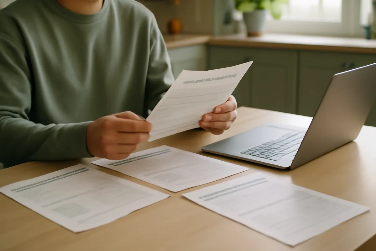 A person reviewing printed credit report pages spread across a table beside an open laptop in soft daylight