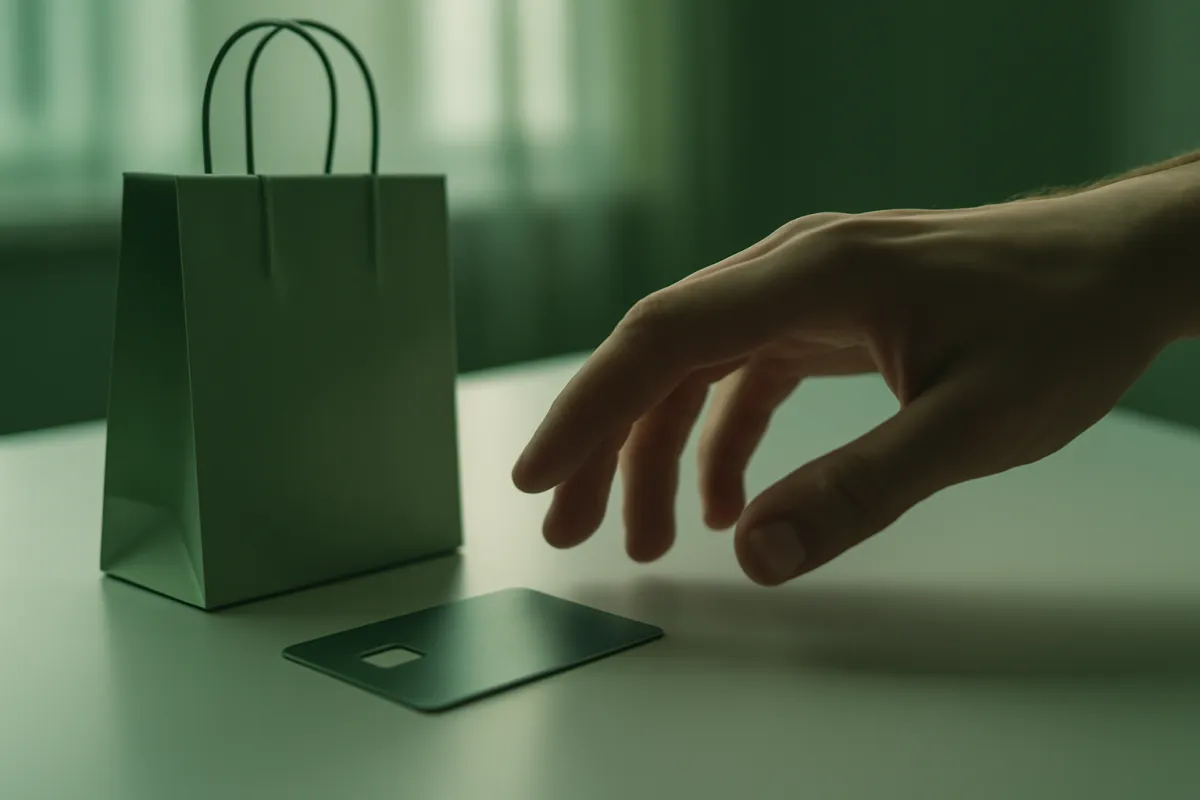 A hand hesitating over a credit card next to a shopping bag