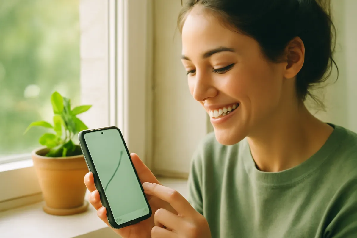 A person smiling while looking at a gently rising line on a phone screen beside a small potted plant on a sunny windowsill