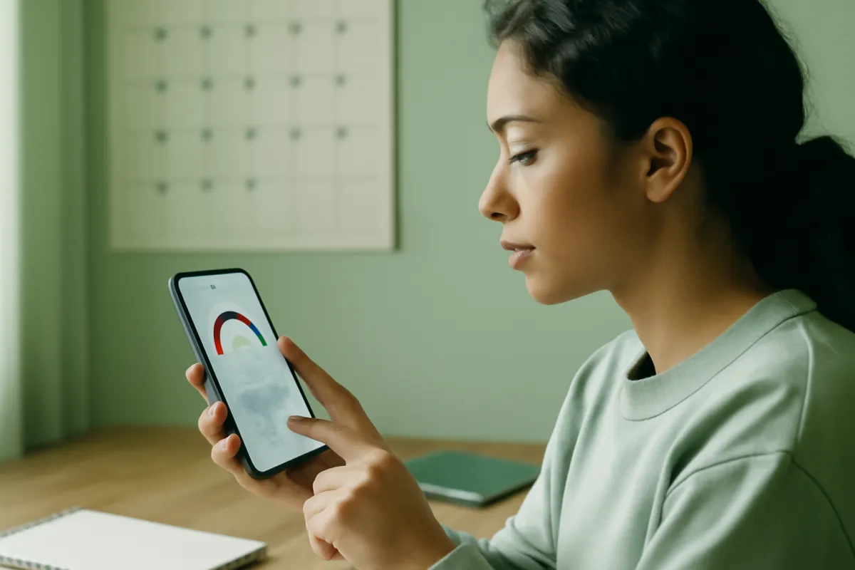 A person checking their credit score on a smartphone at home in warm natural daylight
