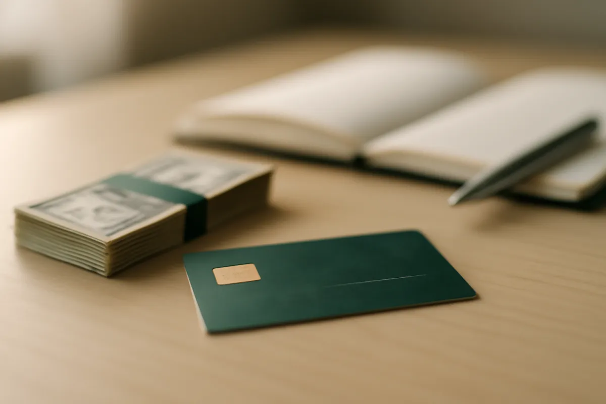 A single starter credit card resting on a desk beside a small stack of cash and a notebook in soft morning light