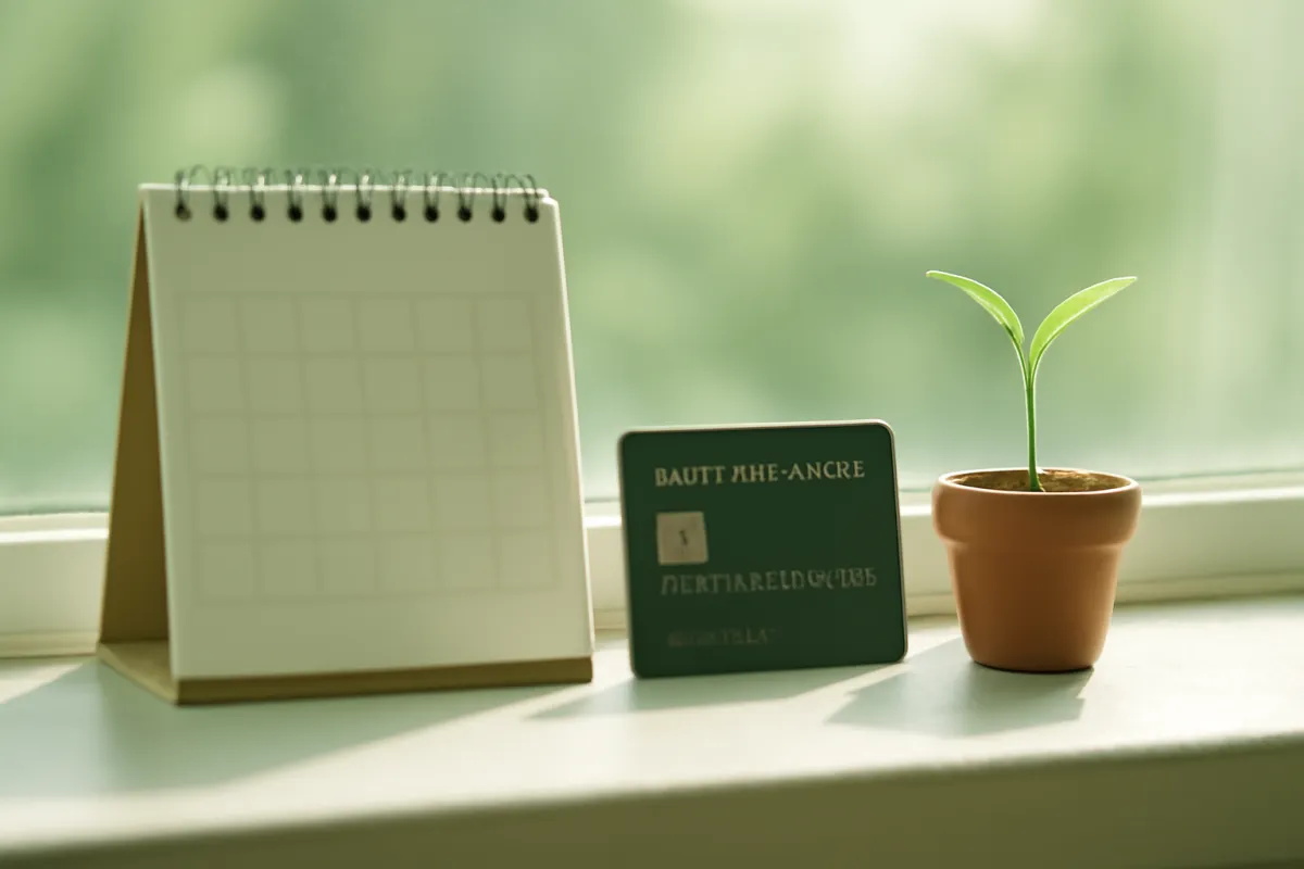 A wall calendar beside a secured credit card and a small green sprout in a pot on a sunny windowsill