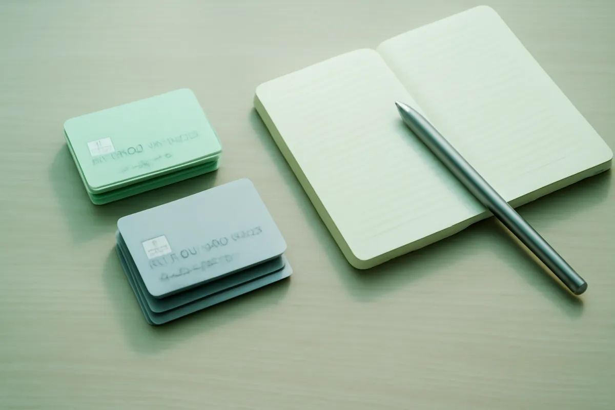 Credit cards sorted into two small piles on a desk beside a notebook, one kept and one set aside