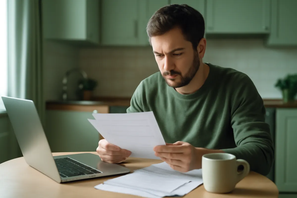 A person at a kitchen table reviewing a stack of bills beside a laptop and a coffee mug