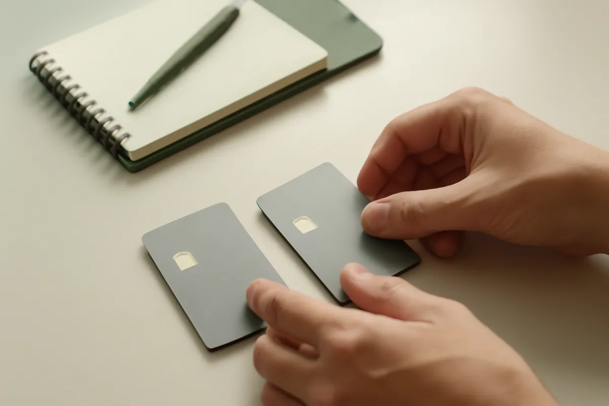Two credit cards and a notepad on a desk with hands sorting them into two piles