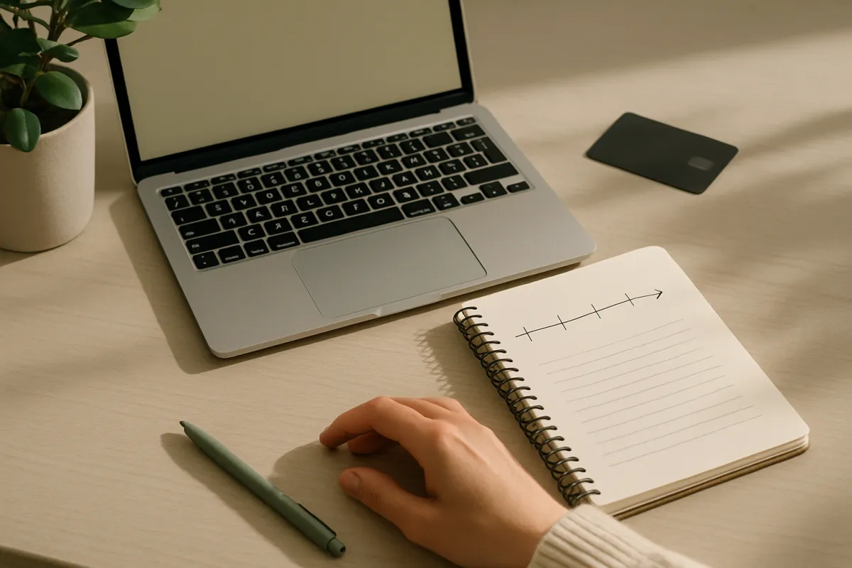 A desk with a laptop, a notepad with handwritten timeline marks, and a credit card