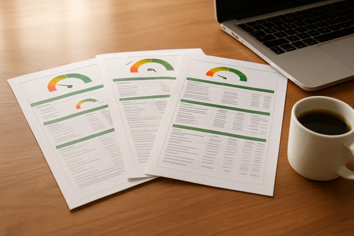 Three printed credit report packets fanned out side by side on a table beside a laptop and a cup of coffee in soft daylight