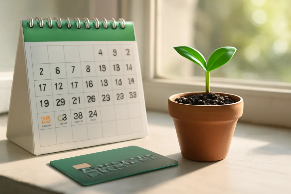 A green sprout growing in a small pot on a sunny windowsill beside a wall calendar and a credit card
