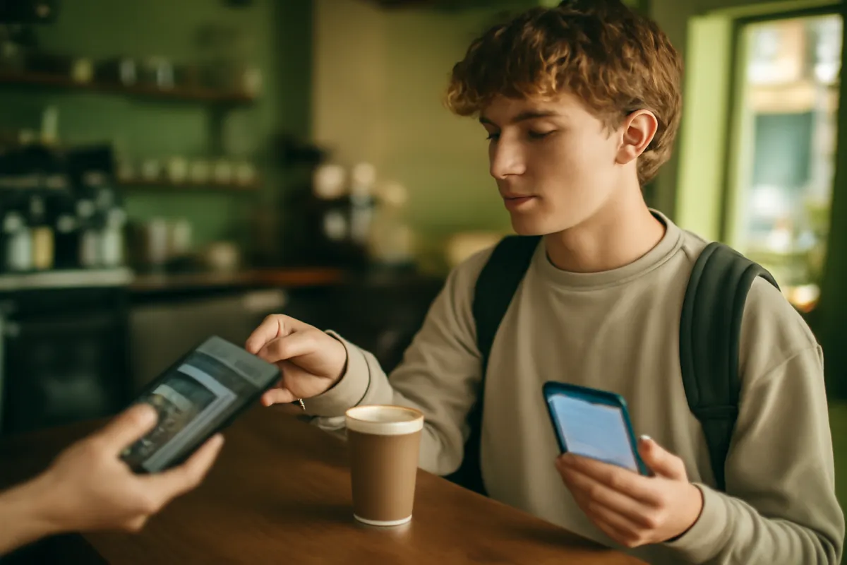 A student tapping a credit card to pay for a small coffee at a cafe counter while checking a banking app on their phone