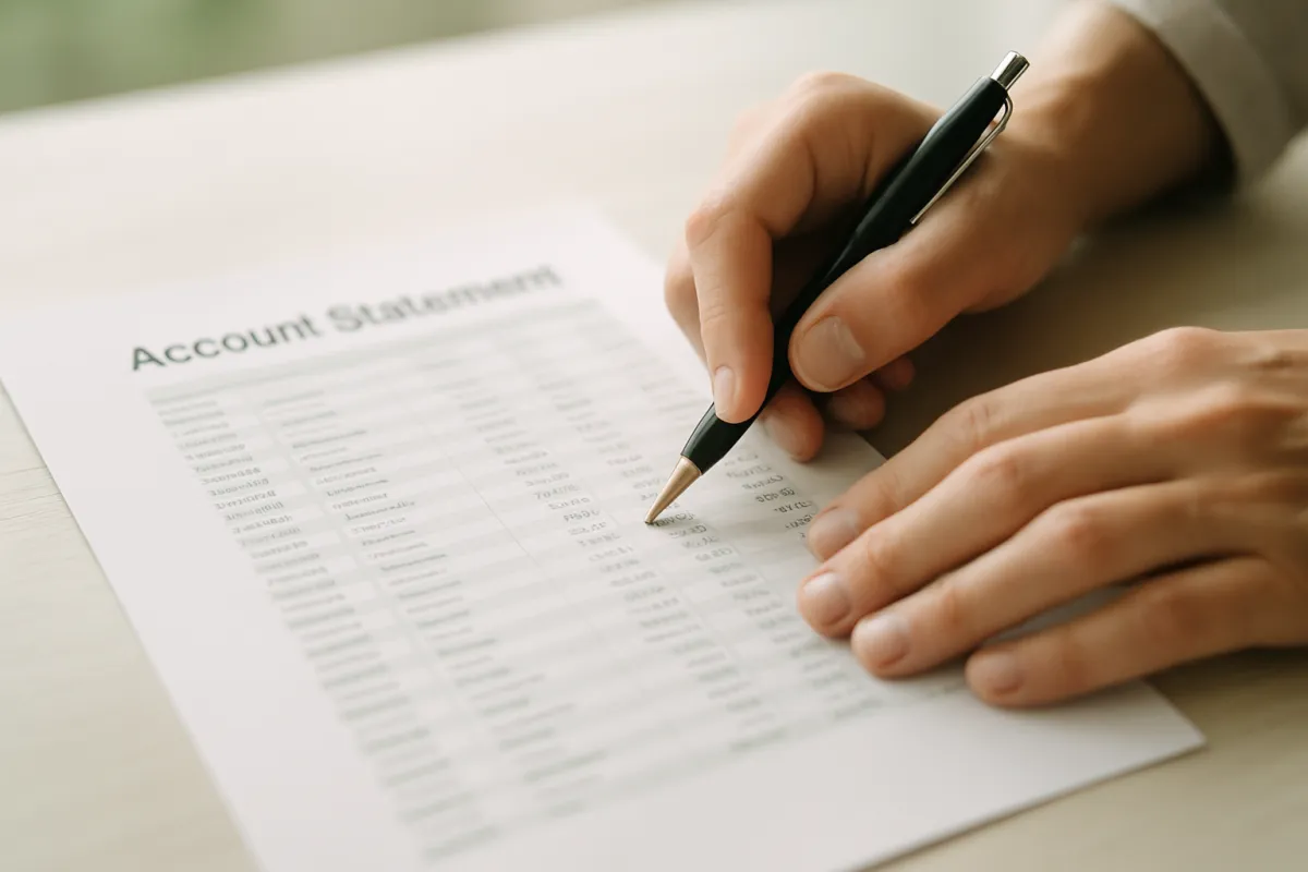 Close up of a person tracing a line on a printed credit account statement with a pen, showing rows of account entries in bright natural light
