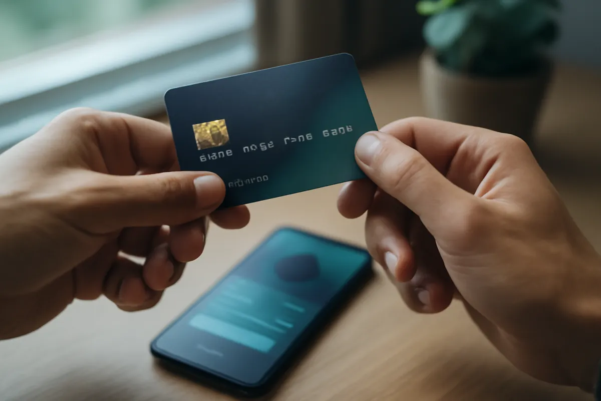 Two hands holding a single credit card over a desk beside a smartphone showing an abstract banking app