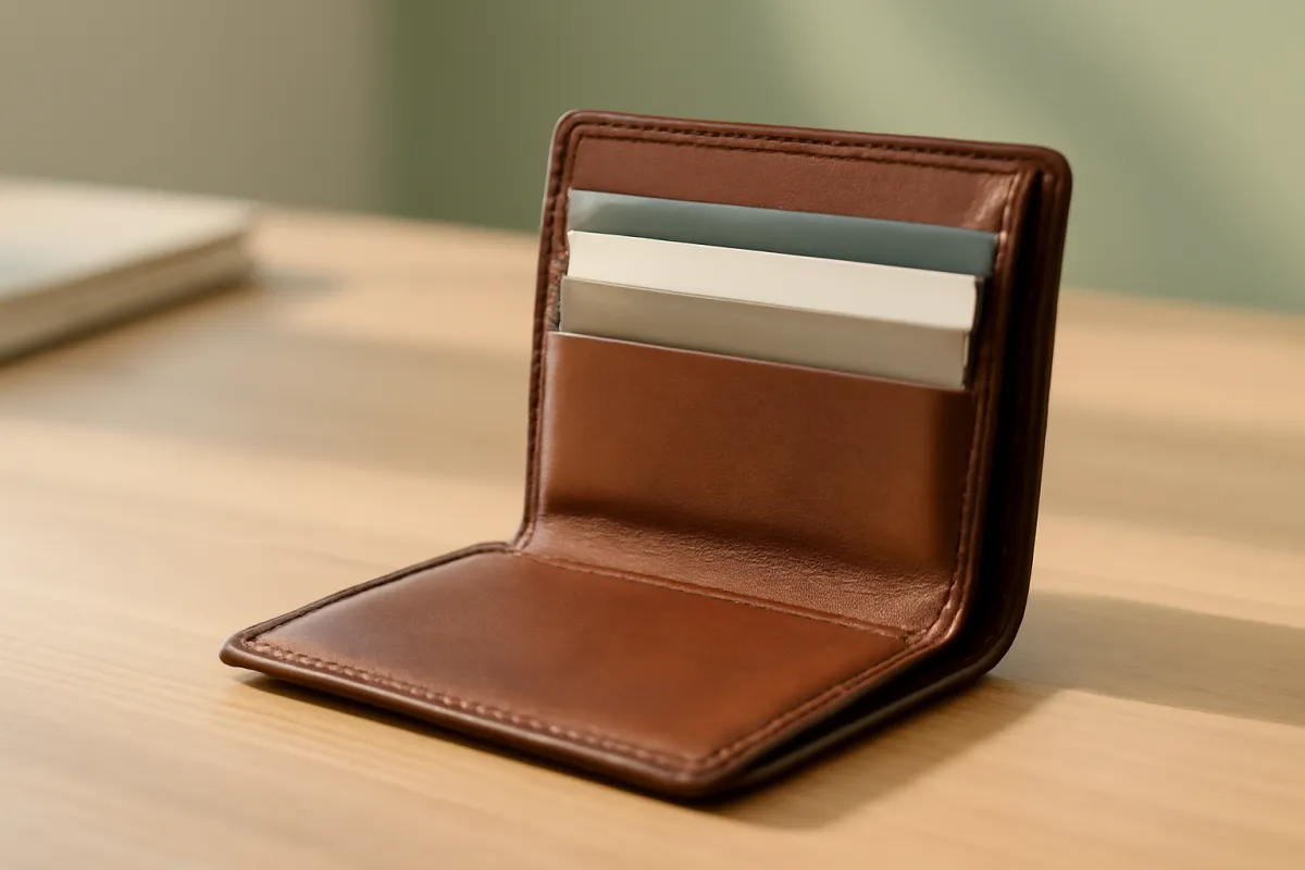 An open wallet on a desk holding three or four credit cards neatly in soft light