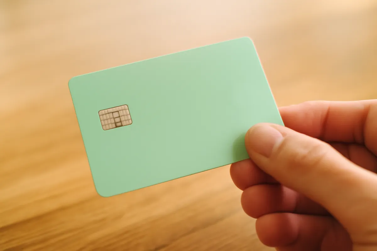 A credit card held over a warm wooden desk, soft green tint, suggesting a fresh introductory offer