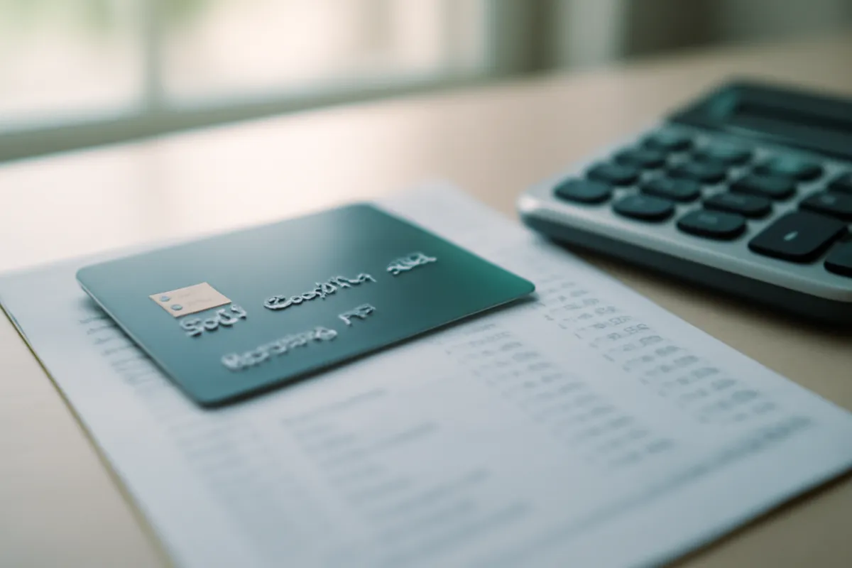 A credit card resting on a paper billing statement beside a calculator in soft indigo-tinted light