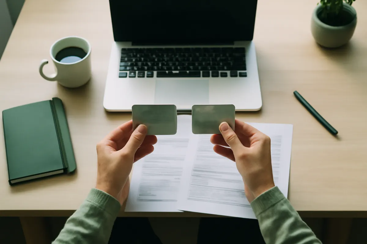 A person at a desk comparing two credit cards over paper statements and a laptop
