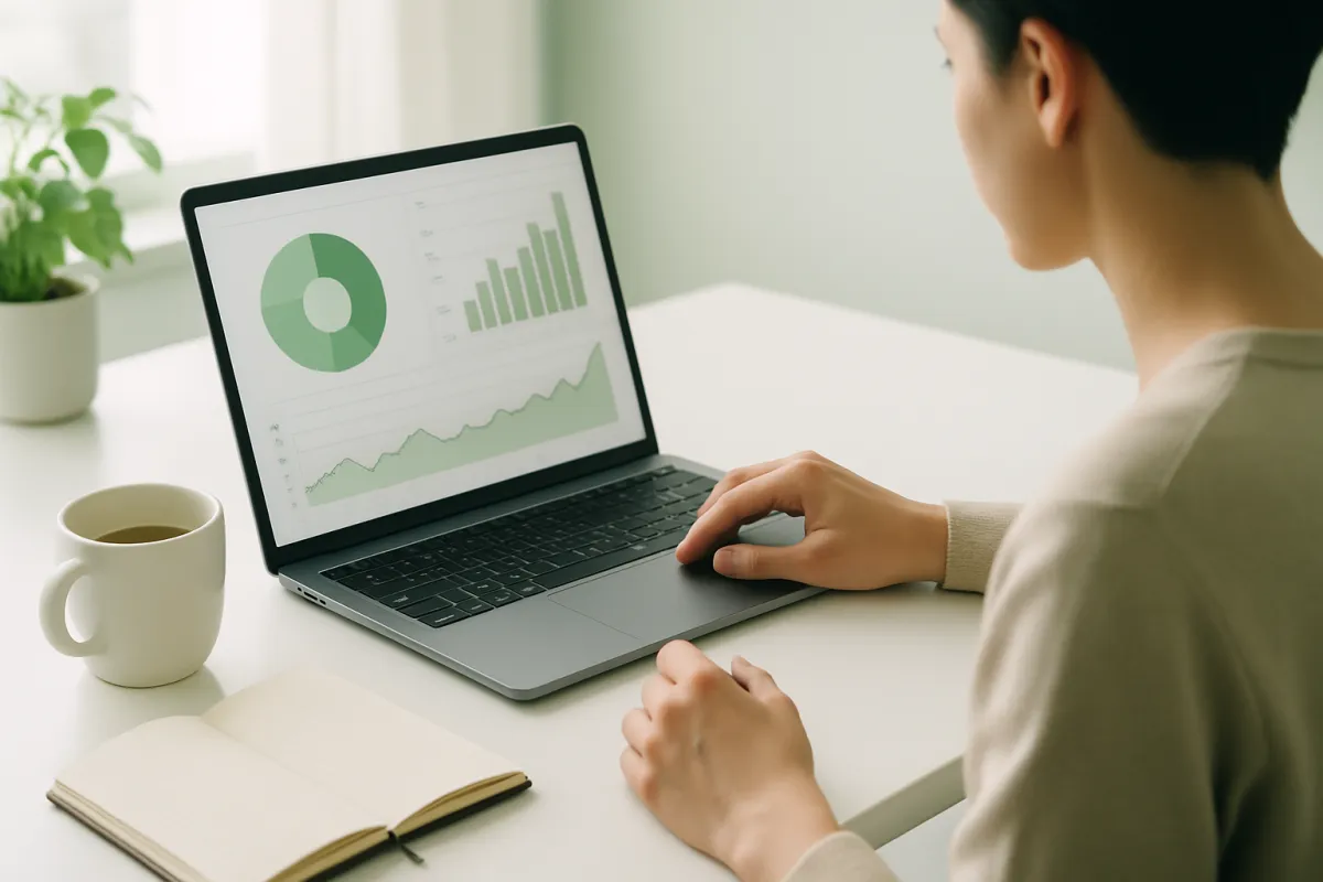 A person reviewing personal finances on a laptop at a bright desk