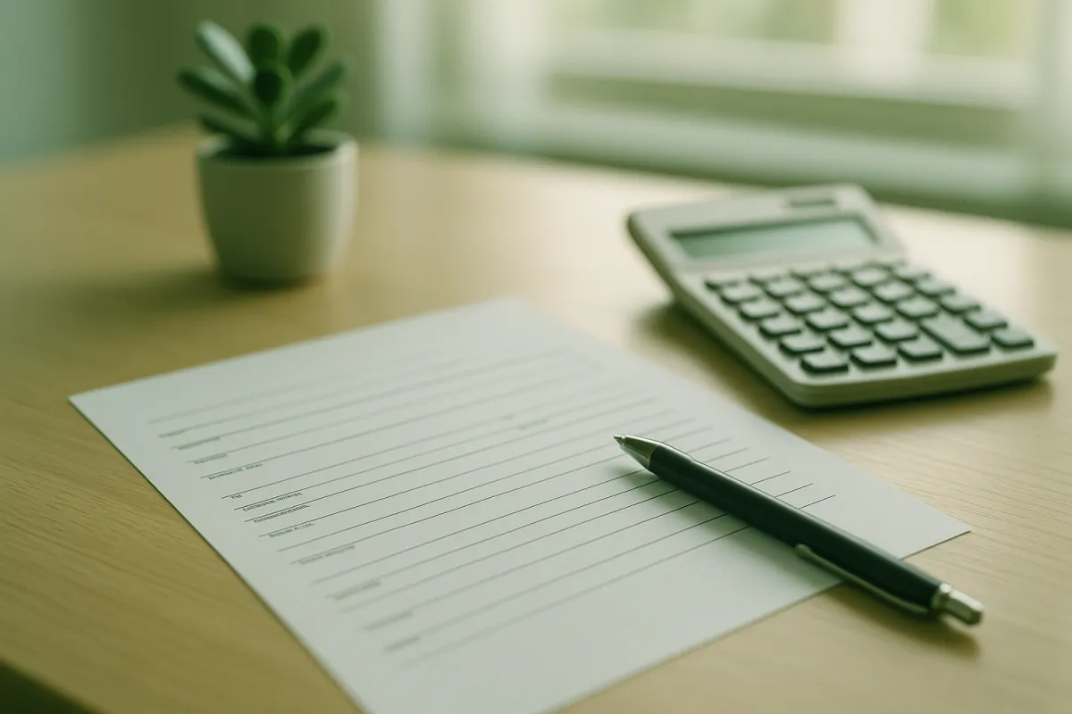 A blank loan application form beside a pen and a calculator on a light wood desk
