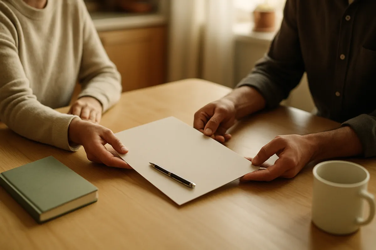Two people seated at a pale wooden table in soft light, one sliding a blank sheet of paper with a pen resting on it across the table toward the other, with a green hardcover notebook and a white mug nearby