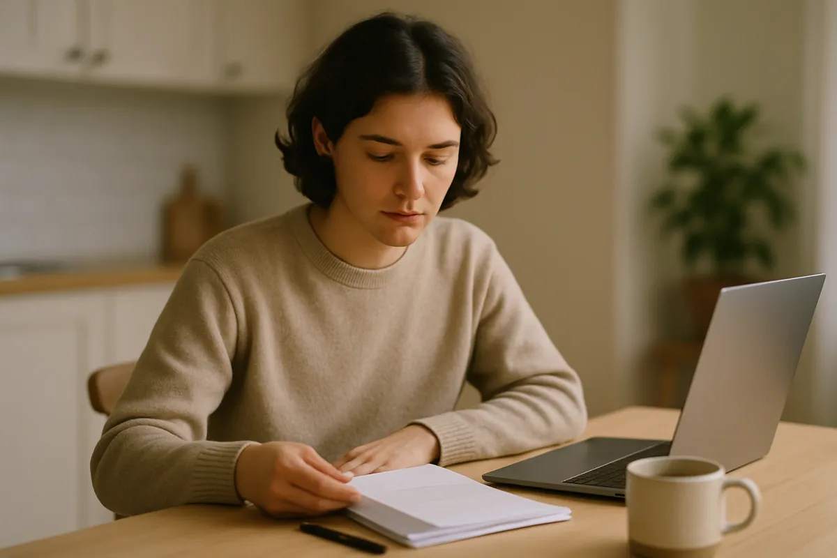 A person in a cream sweater turning pages of a small stack of blank paper at a light wooden table beside an open laptop and a mug