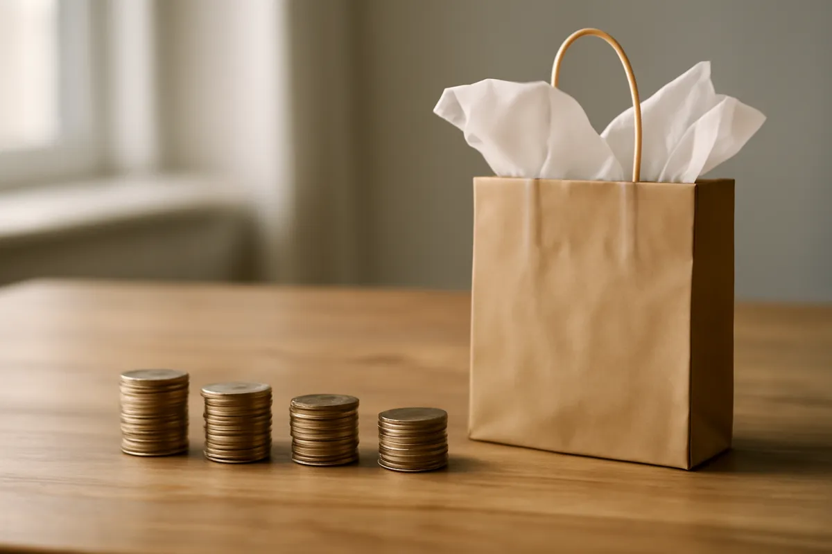 Four shrinking stacks of coins lined up beside a brown paper shopping bag on a wood table, evoking a pay-in-four installment plan