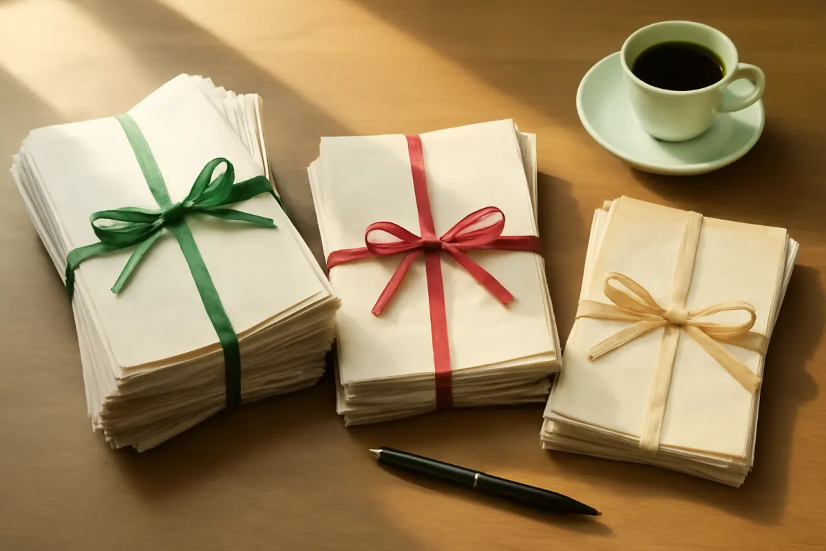 Three bundles of paper on a wooden desk, tied with green, red, and cream ribbons respectively, beside a cup of coffee and a pen