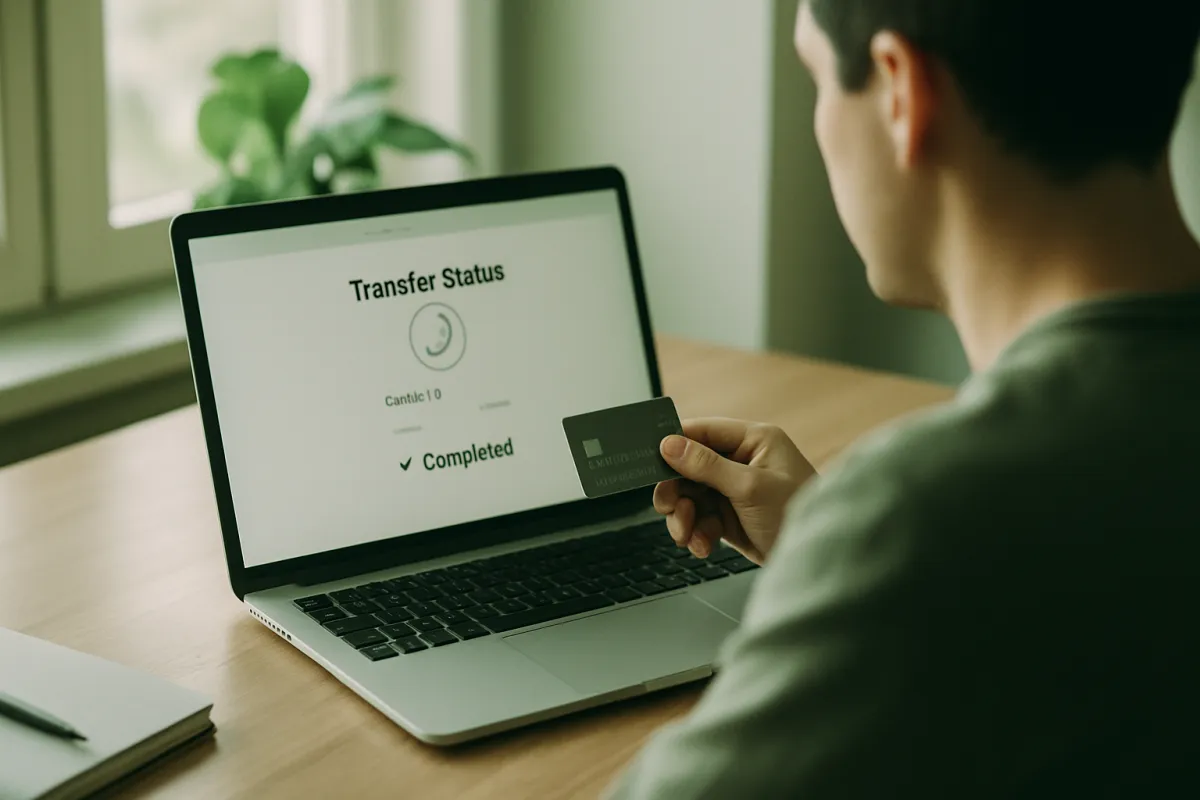 A person checking a credit card transfer status on a laptop at a home desk