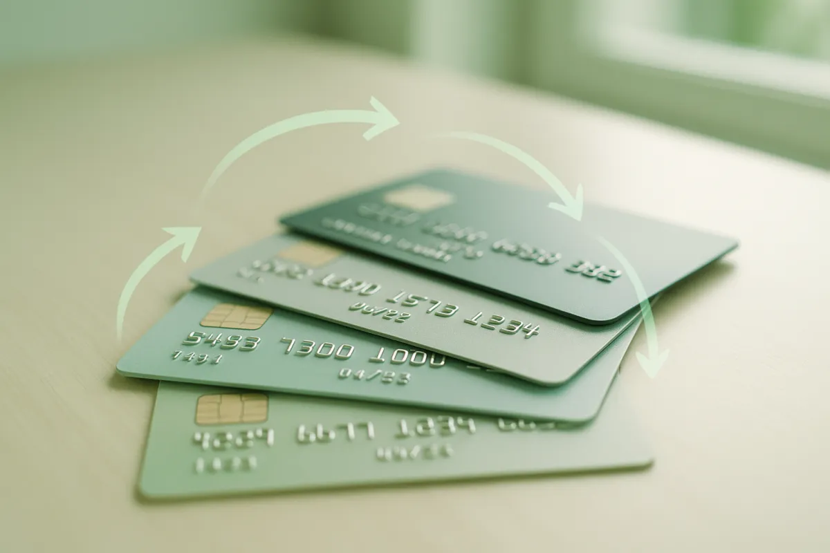 Several credit cards fanned out on a desk with arrows suggesting a balance moving between them
