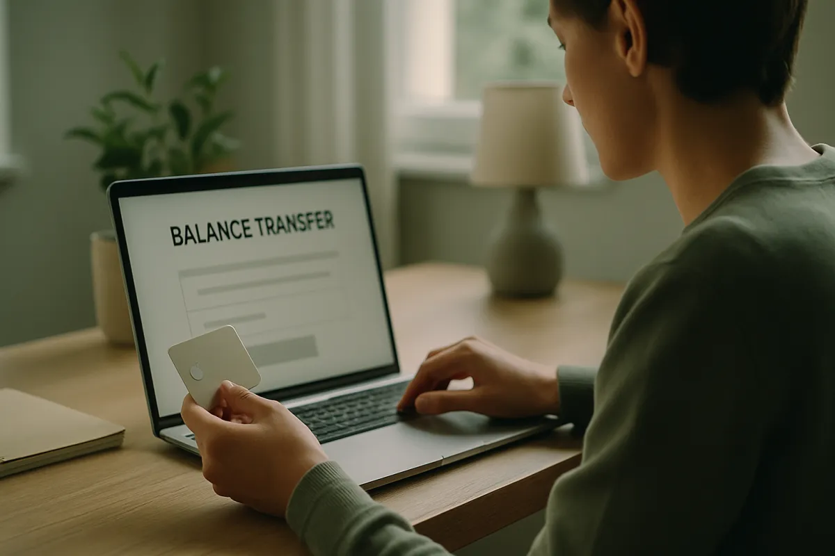 A person doing a balance transfer on a laptop while holding a credit card at a home desk