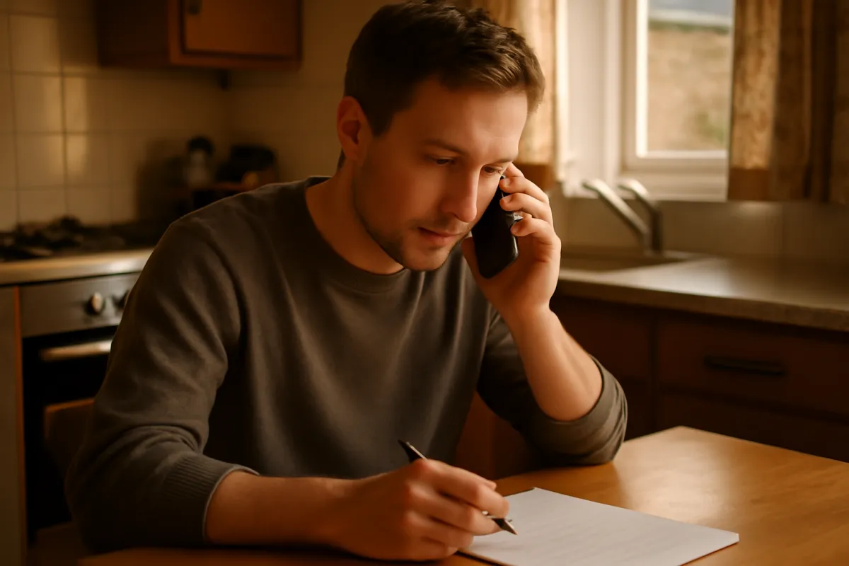 A man at a home kitchen table on a phone call while writing notes on paper, evoking a call to negotiate a debt