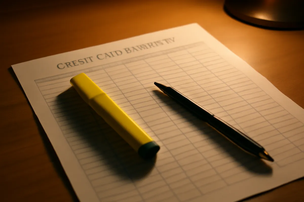 A printed multi-column statement-style document on a desk with a yellow highlighter and a pen resting on it, under warm desk-lamp light