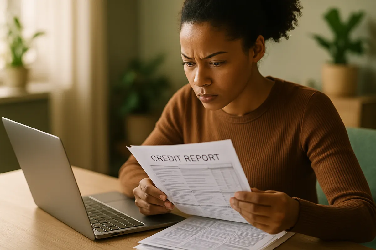A focused, determined person at a tidy desk reviewing a printed multi-page credit report on paper beside an open laptop in warm natural daylight