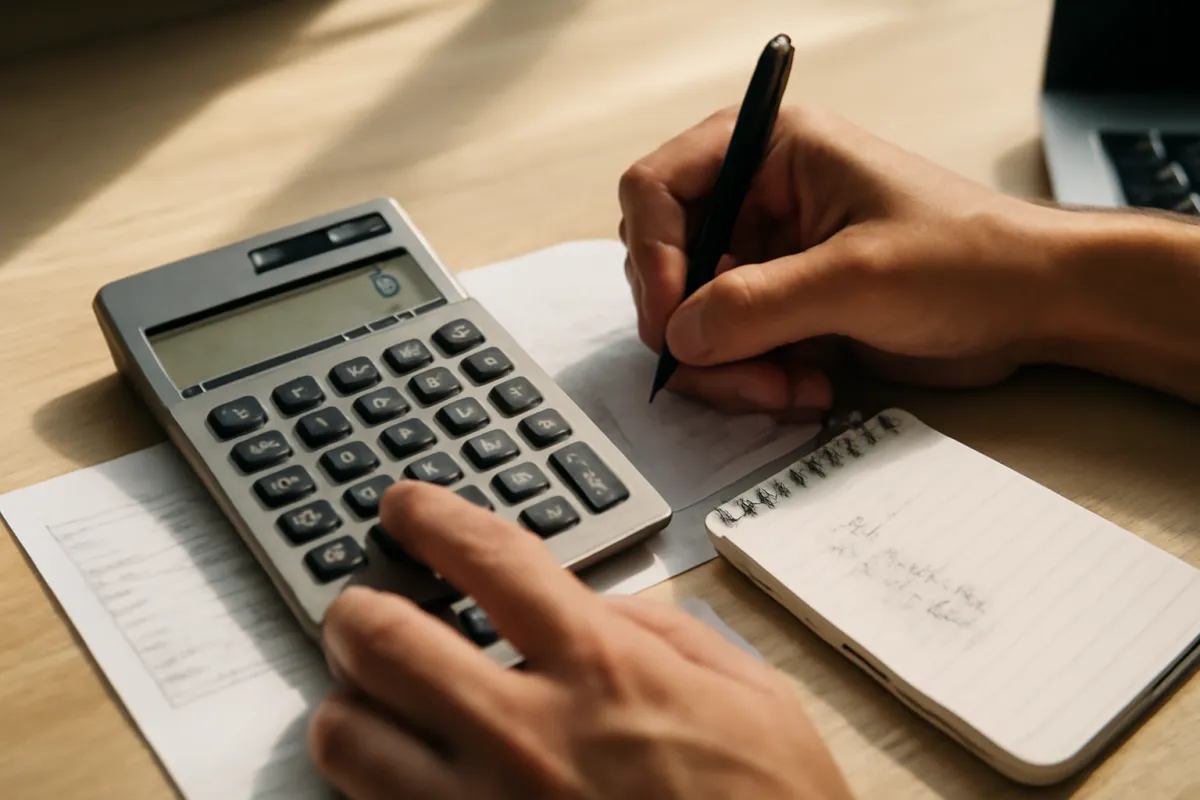 Close-up of hands working a calculator while writing figures on a notepad beside a printed sheet of numbers, evoking sizing a loan against income