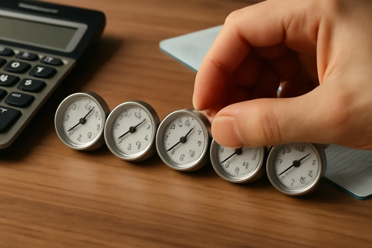 Five small round gauge-style dials arranged in a row on a wooden table beside a calculator, with a hand reaching toward one of them