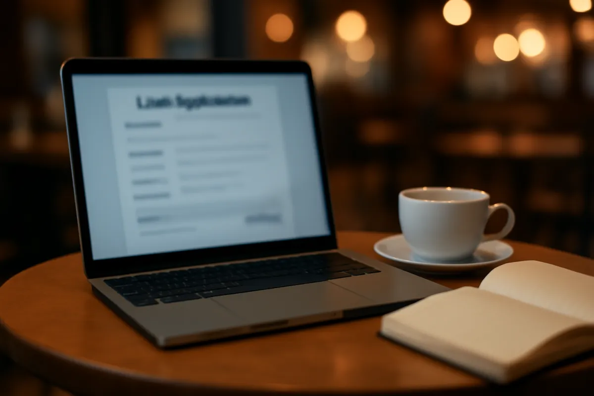 A laptop open to a blurred loan application page on a cafe table beside a cup of coffee and an open notebook, evoking applying online with no prior bank relationship