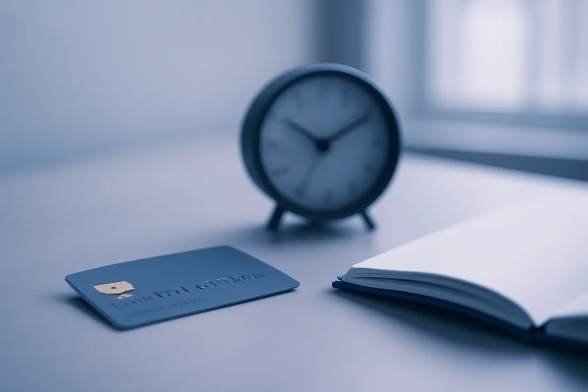 A credit card resting on a desk beside a clock and notebook, indigo tint, suggesting a zero-interest promotional period