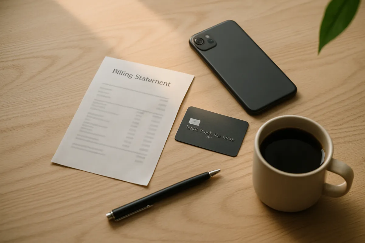 An overhead view of a printed billing statement, a dark credit card, a face-down smartphone, a pen and a mug of coffee on a light wooden table