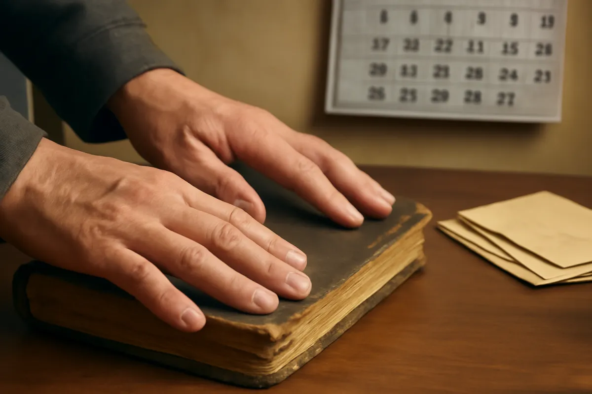 A pair of hands closing an old worn leather ledger book on a desk, with a small stack of envelopes and a wall calendar in the background