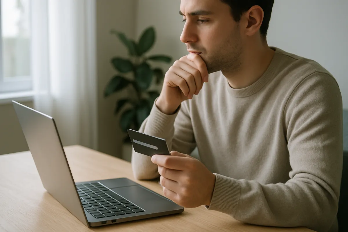 A person pausing at a desk with a credit card in one hand and an open laptop in front of them