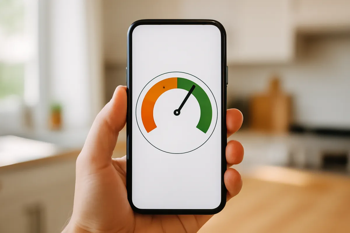 A hand holding a smartphone showing a circular credit score gauge with the needle pointing well into the green zone near the top, against a softly blurred bright kitchen