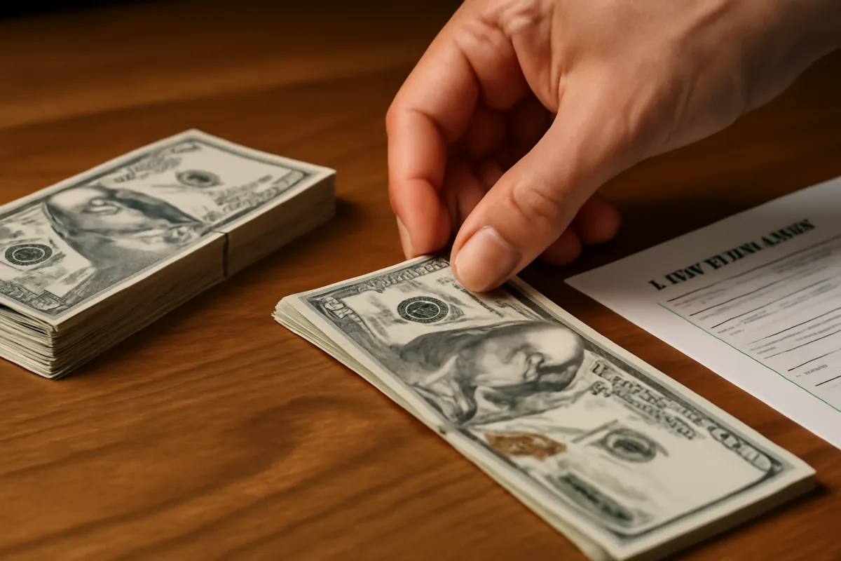 A hand pulling a thin bundle of cash away from a larger stack of bills on a wooden desk, next to a loan application form, evoking a fee taken out before funds are disbursed