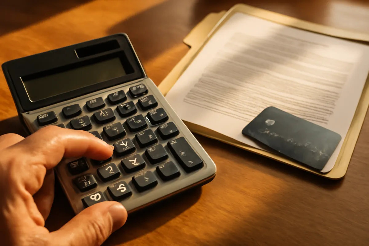 Close-up of a hand pressing a key on a desktop calculator beside an open document folder and a credit card on a wooden desk