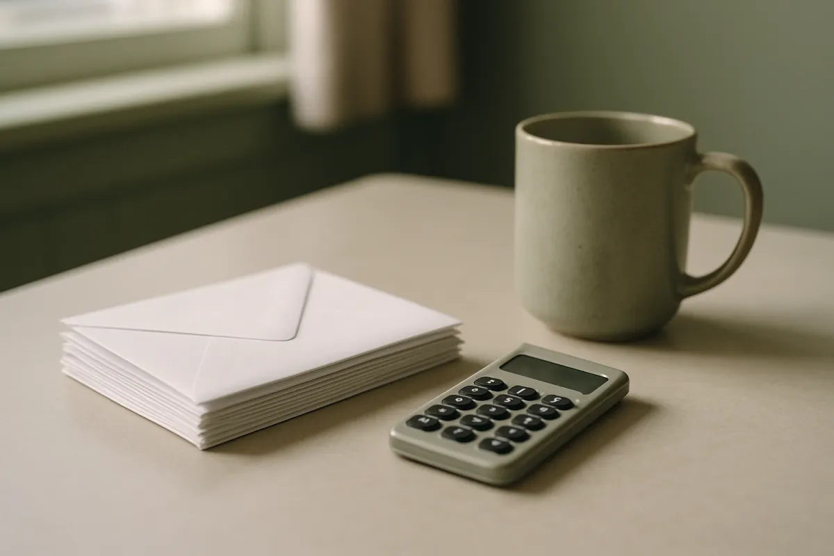 A stack of plain white envelopes beside a small calculator and a ceramic mug on a pale table in window light